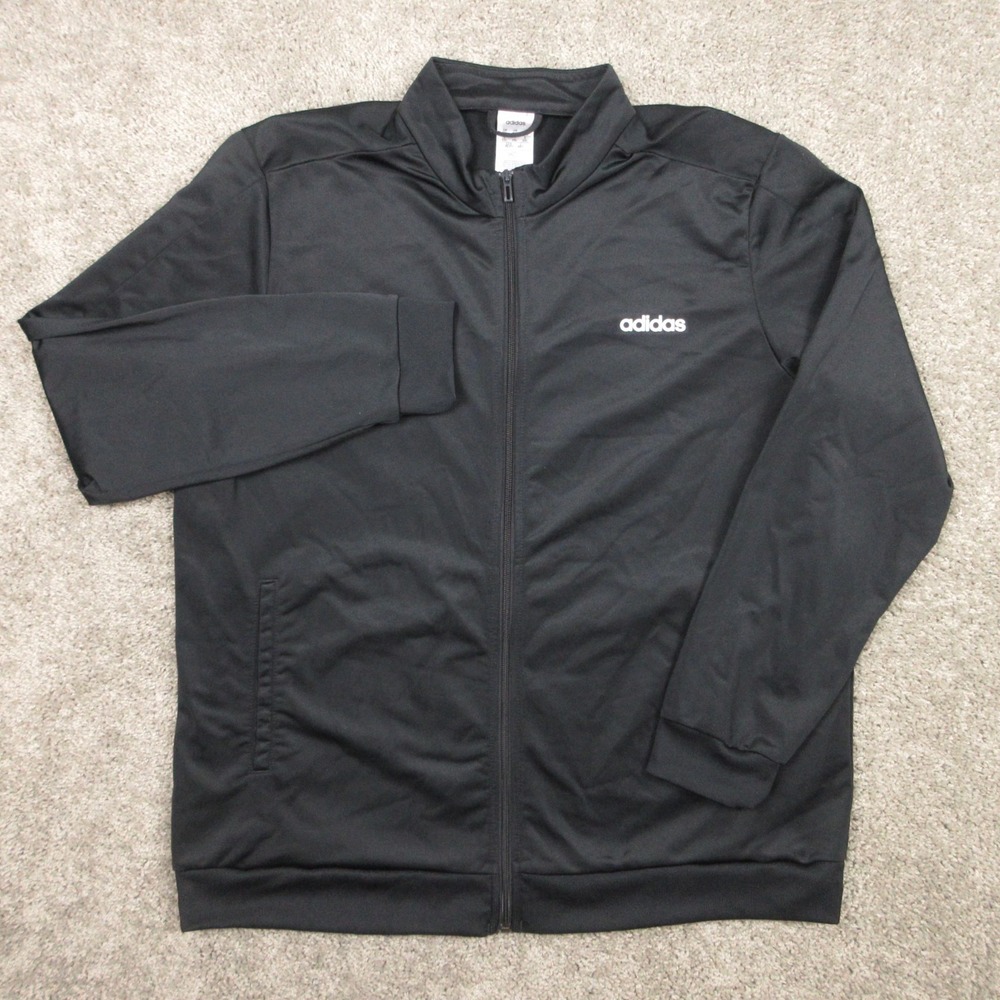 Adidas Track Jacket Mens 2XL Black Solid Full Zip Mock Neck Activewear Warm Up